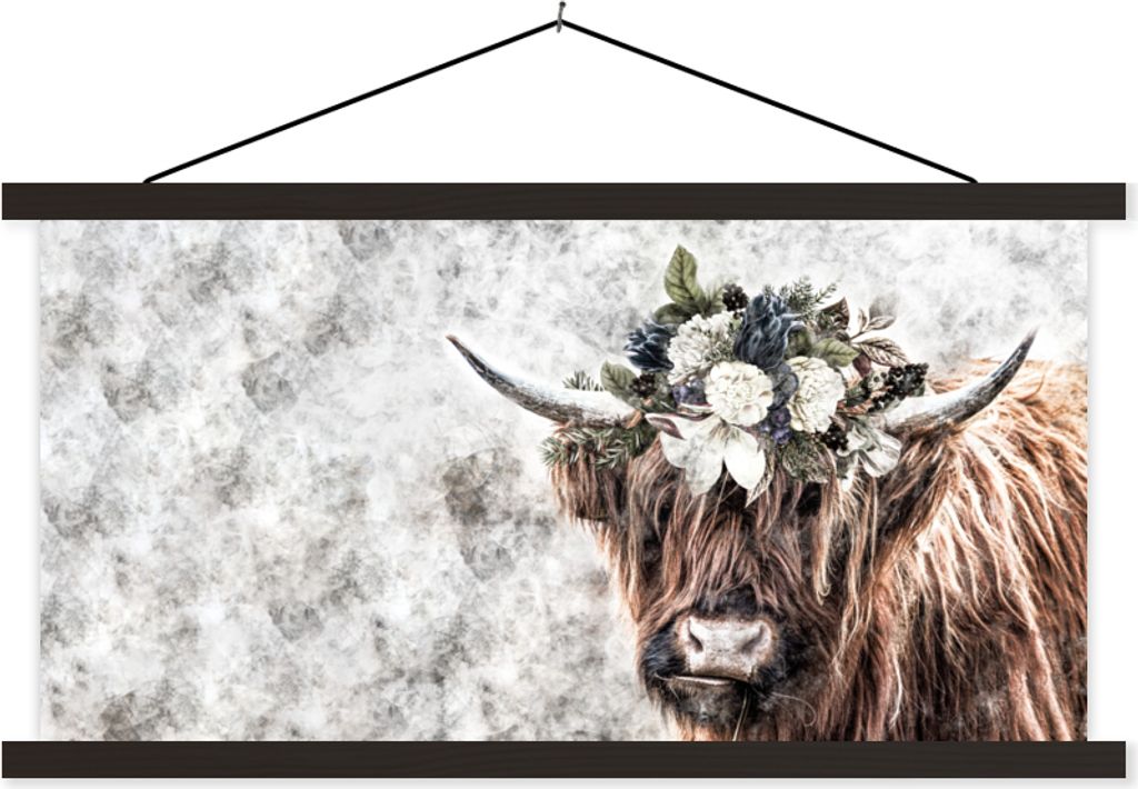 MuchoWow Textilposter Schottisches Hochlandrind - Rosen - Rauch 120x60 cm mit schwarzem Rahmen - Dekoration Schlafzimmer