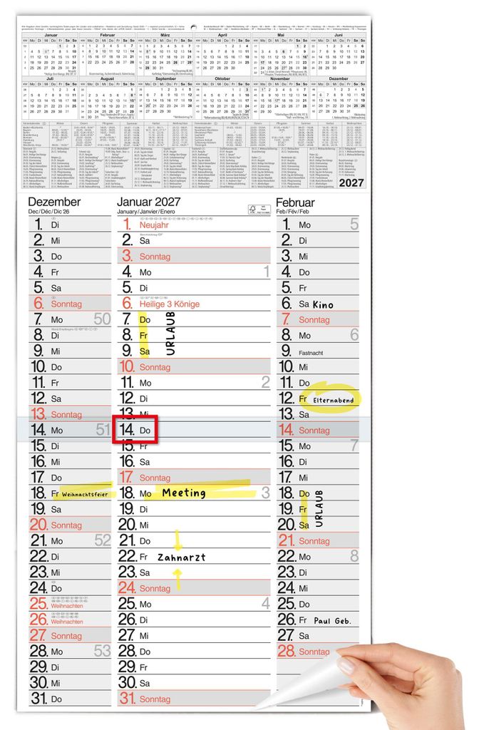 3 Monatskalender 2027 Wandkalender Nebeneinander Notizen Produktbild 