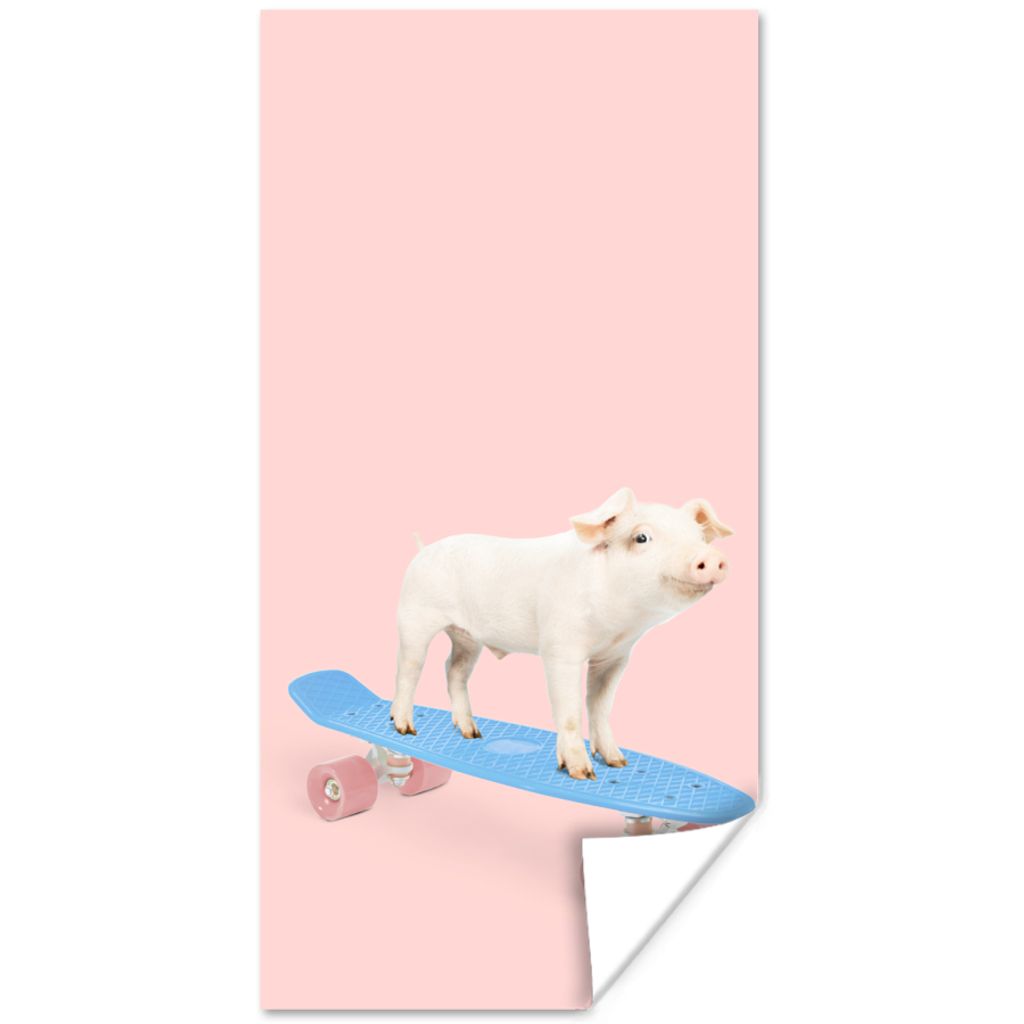 MuchoWow Poster Schwein - Rosa - Skateboard - Blau - Tiere 80x160 cm - Kinderzimmer