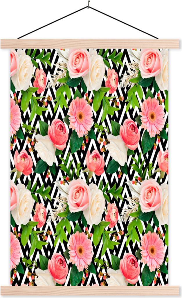 MuchoWow Textilposter Blumen - Rosen - Rosa 60x90 cm mit holzfarbenen Rahmen - Textil