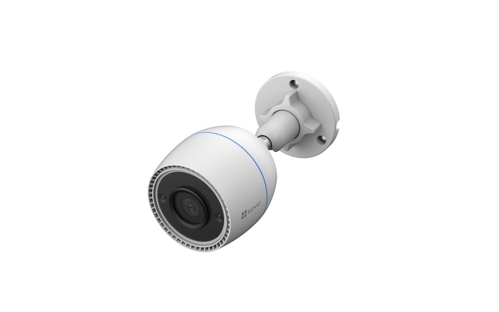 A white security camera with a black lens and blue accents, mounted on a white bracket, is shown against a white background.