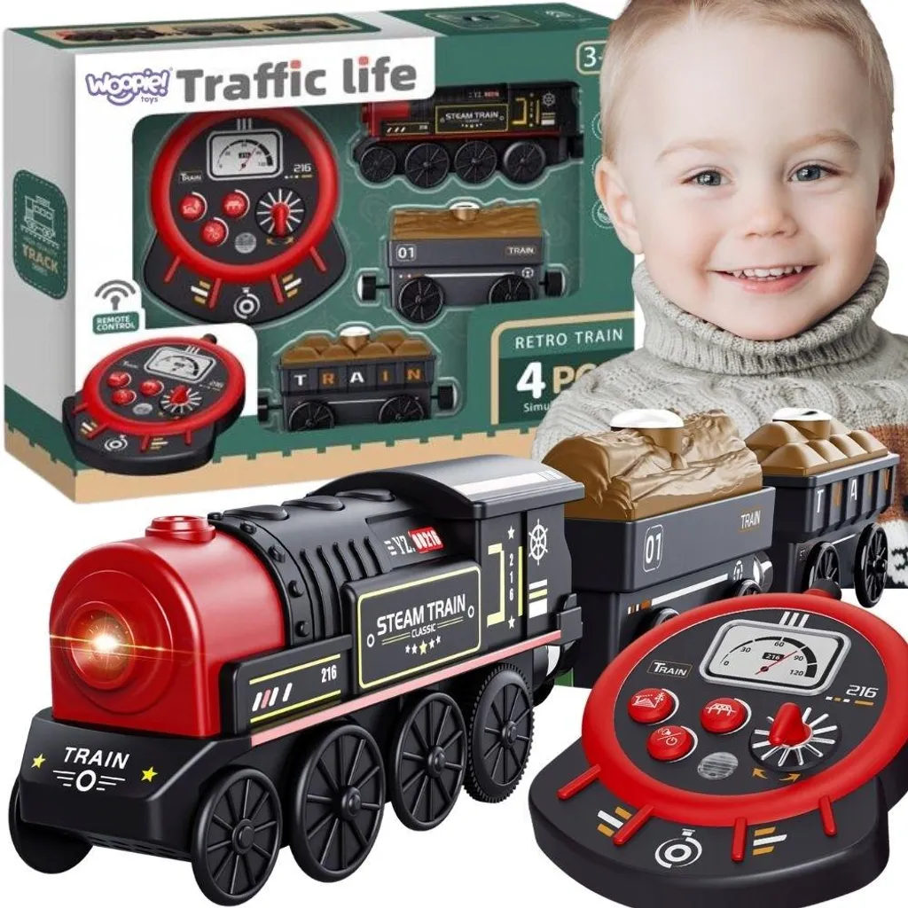 Train rétro télécommandé Woopie avec effets sonores et 4 wagons noirs