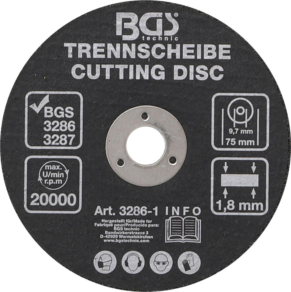 A close-up, top-down view of a cutting disc with various specifications and safety icons printed on it.