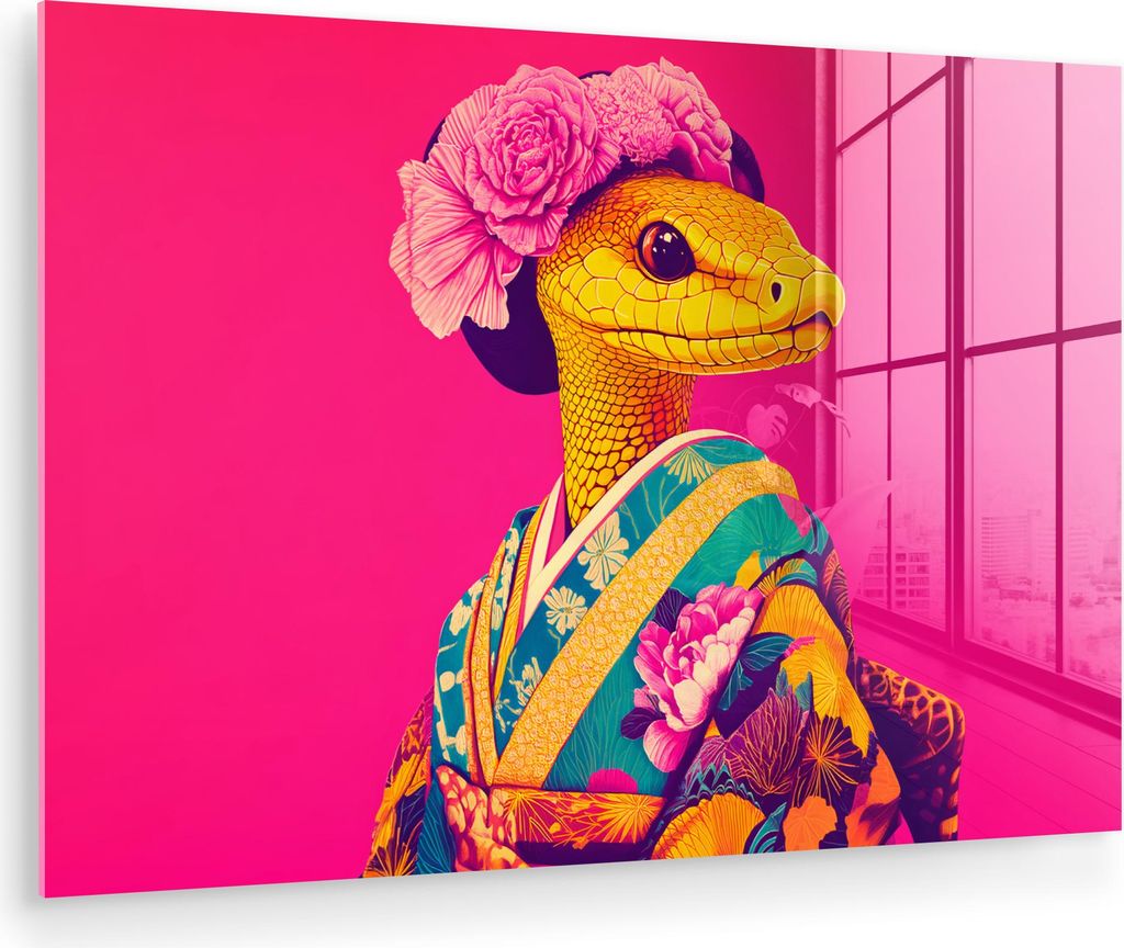 MuchoWow Glasbilder - Bilder auf Wandbild - Foto auf Glas Eidechse - Blumen - Rosa - Kimono 60x40 cm Wanddekoration aus Glas - Acrylglasbild - Acry...