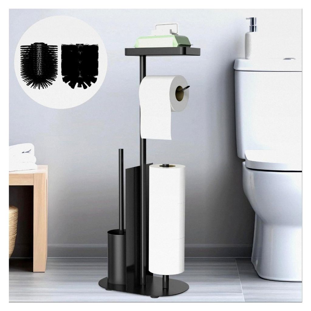 Stehender Toilettenpapierhalter aus Edelstahl mit Klobürste - inklusive WC Bürste, Toilettenpapierhalter und Feuchttücherbox (Schwarz Matt)