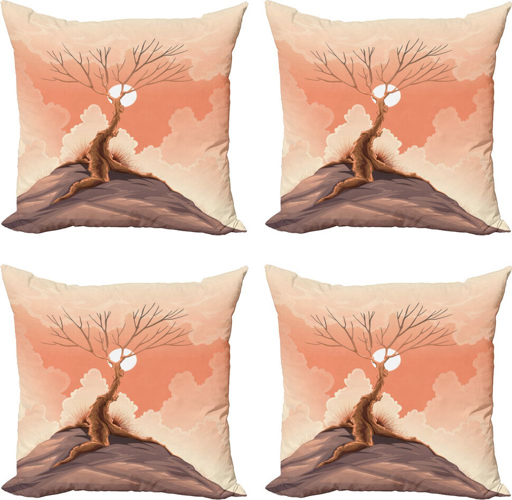 ABAKUHAUS Landschaft Kissenbezug Set (4 Stück), Einsamer Baum auf Klippe, Moderner Doppelseitiger Digitaldruck, 50 cm x 50 cm, Orange Braun