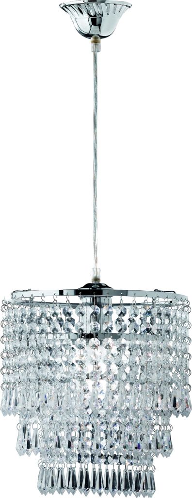 A silver chandelier with crystal beads hanging in three tiers.