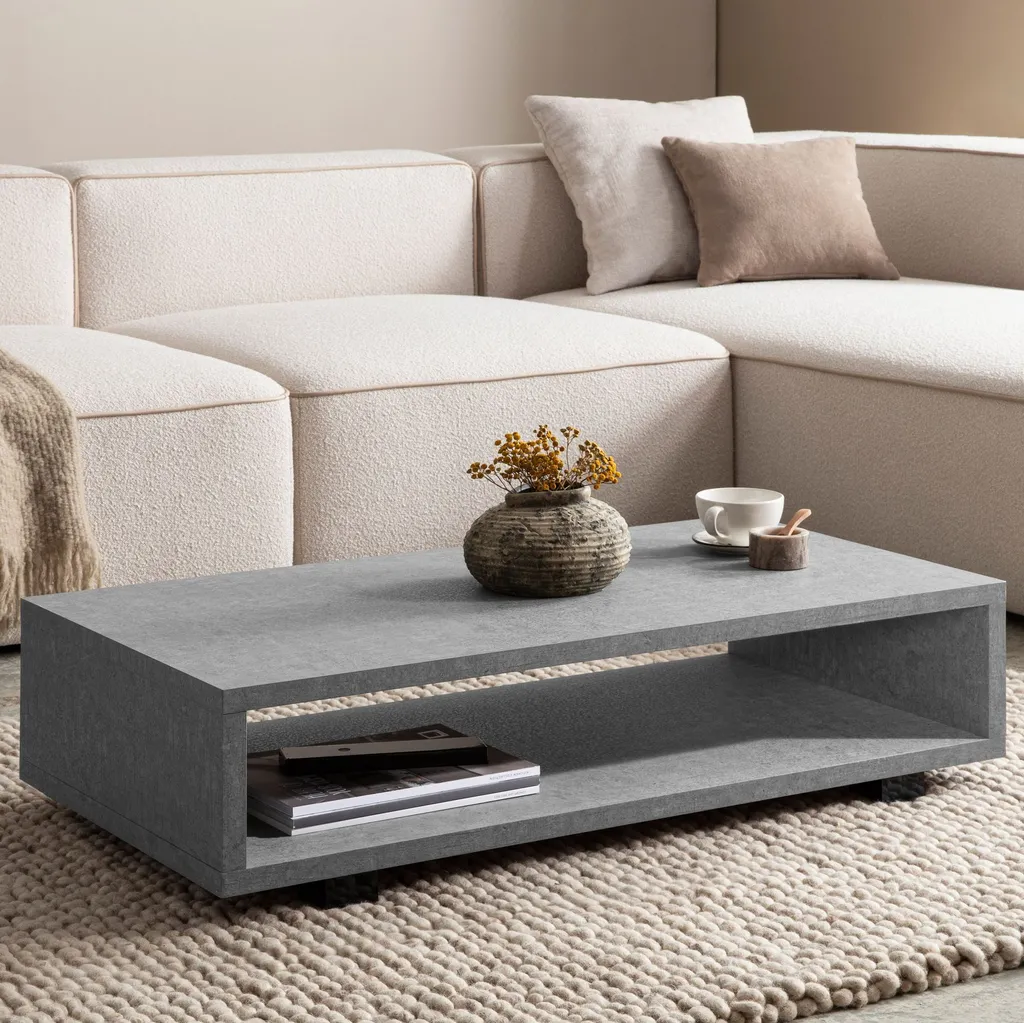 Table Basse Aspect Béton avec Rangement Intégré 100x50 cm Salon Moderne - 3