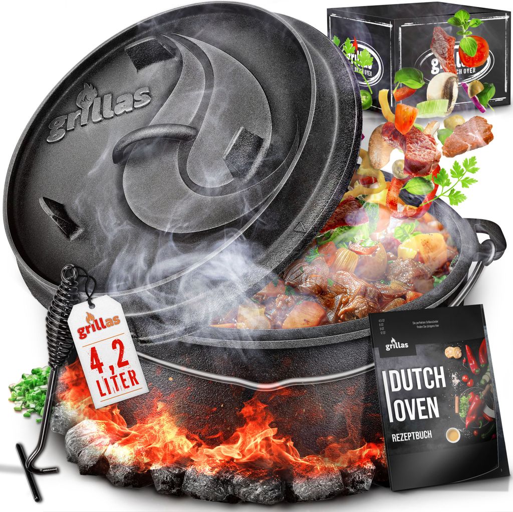 grillas Dutch Oven Set 4,2 Liter / Topf ohne Füße Deckelheber BBQ Gusseisen Feuertopf Gusstopf Schmortopf