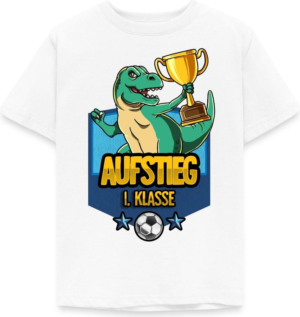 Spreadshirt Aufstieg 1. Klasse Schulanfang Fußball Löwe Kinder T-Shirt, 122/128 (7-8 Jahre), Weiß