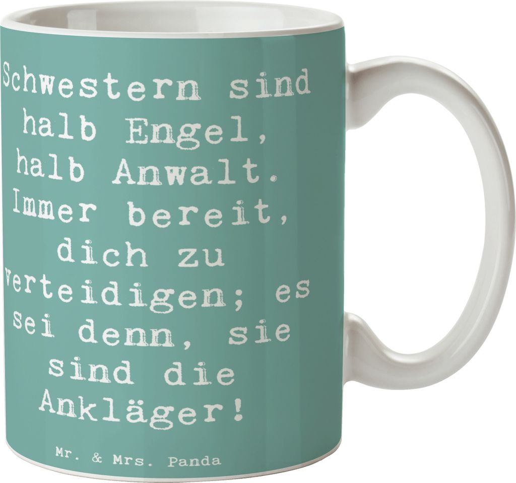Mr. & Mrs. Panda Kaffeebecher Spruch Schwesternwunder - Meeresbrise - Geschenk, handgemacht, familienbeziehung, Kaffeetasse, Becher, Familiengesche...