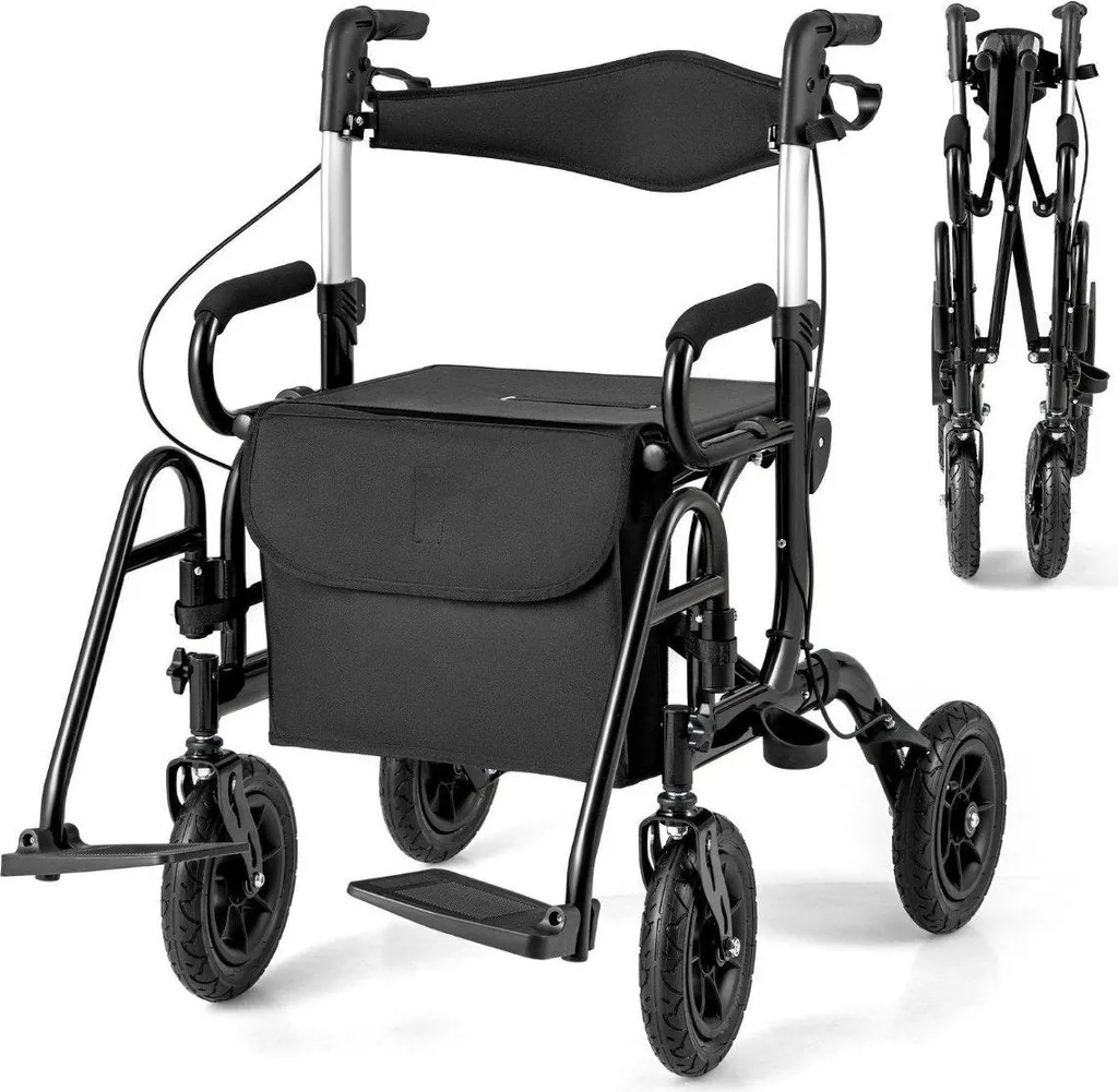 Déambulateur et fauteuil roulant 2 en 1 pliable noir en aluminium léger