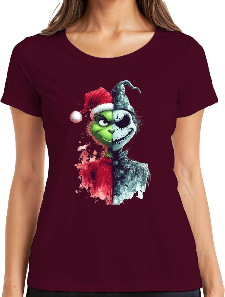 Grinch Jack Skellington Halb Gesicht Weihnachten Horror Vintage Damen T-Shirt, Burgundy, XL