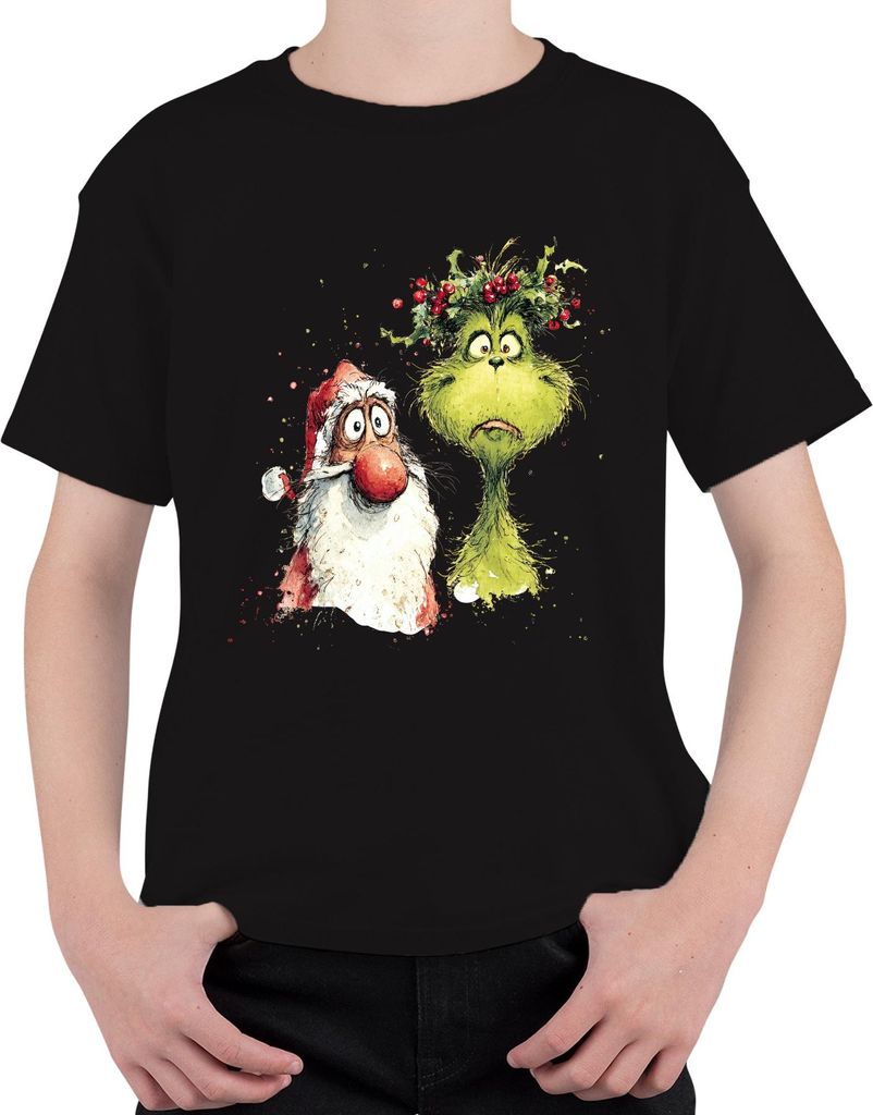 Grinch Weihnachtsmann Weihnachten lustig Geschenk Aquarell Retro Uni Kinder T-Shirt, Schwarz, 128