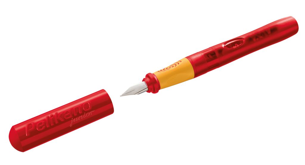 A red fountain pen with a yellow grip and a silver nib, with its red cap detached and placed to the left.