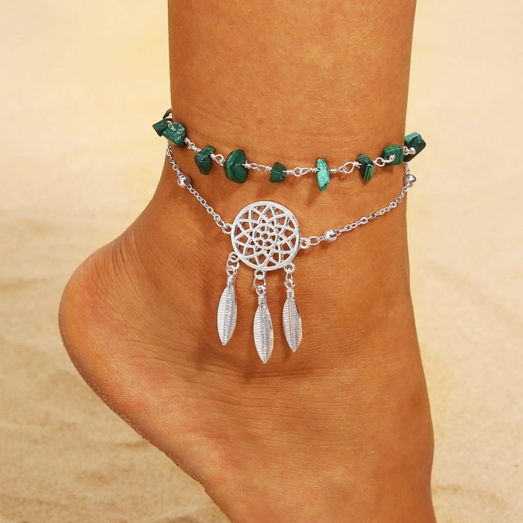 Mehrschichtiges Traumfänger-Fußkettchen-Armband mit Perlen in Türkis für Damen