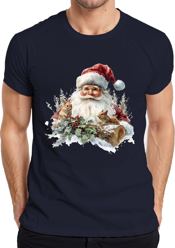 Weihnachtsmann Eichhörnchen Stechpalme Schnee Holzstamm Vintage Herren T-Shirt, Navy, XXL