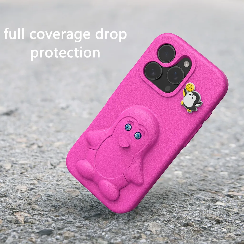 Custodia per bambini in EVA per iPhone 16 Pro Max, morbida custodia protettiva antiurto con supporto per pinguini Rosa - 7