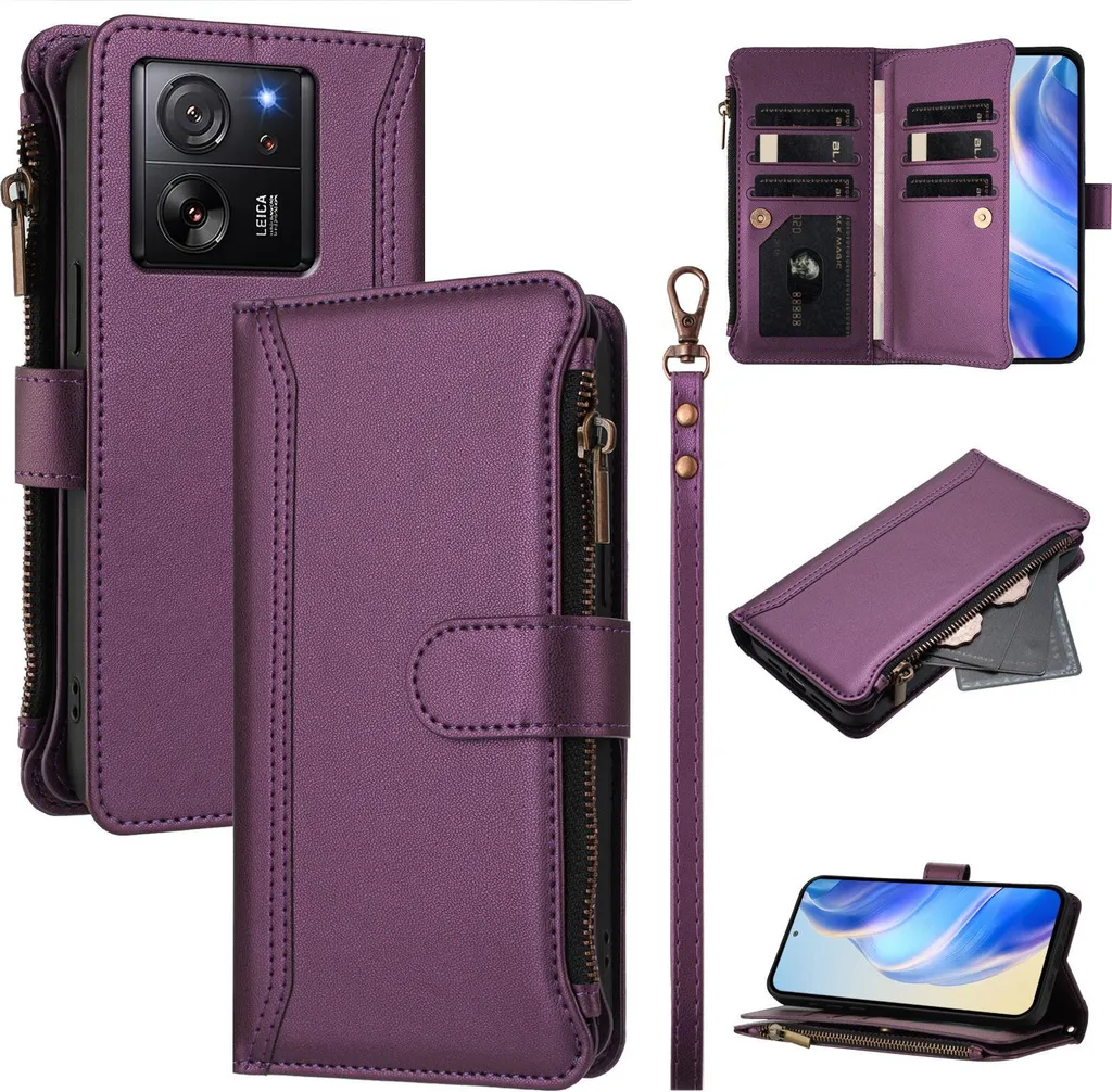 Custodia per Xiaomi 13T/13T Pro/Redmi K60 Ultra, con cerniera, portafoglio in Finto cuoio con tasche per carte, supporto e passante per mano Viola