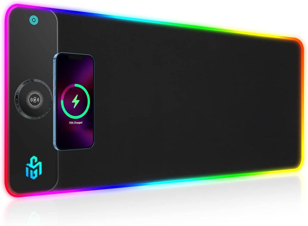 Gaming-Mauspad mit 15-W-Qi-LED-Beleuchtung, 10 Lichtmodi und 15-W-Schnellladefunktion (kabelloses Qi-Laden) für iPhones, Smartphones und Kopfhöre...