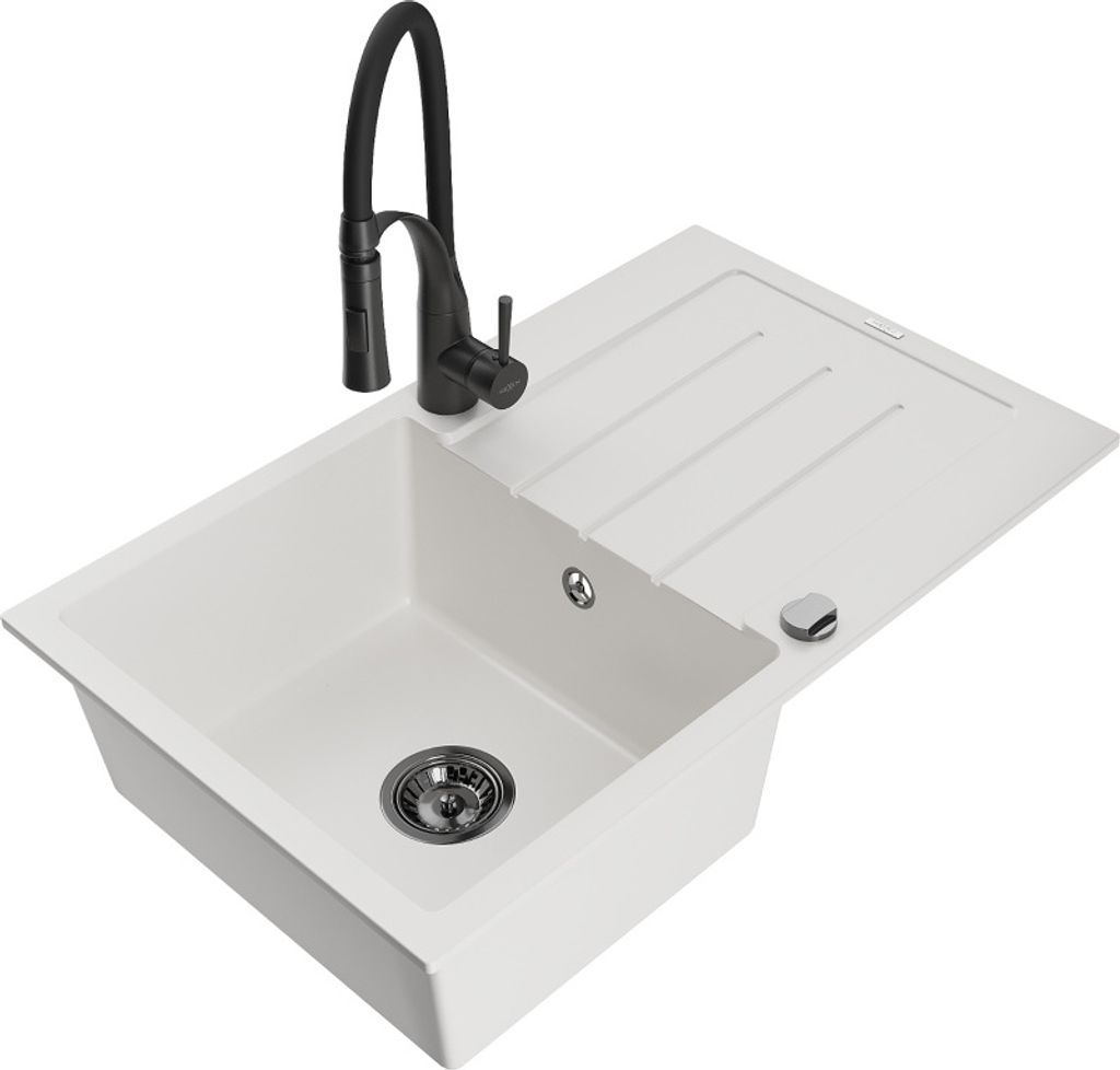Mexen Bruno 1 Becken-Granitspüle mit Abtropffläche und Mischbatterie Aster, Weiß - 6513-20-73450-70-B