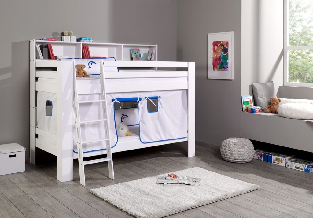 Etagenbett Jan Buche Weiß lackiert mit Bücherregal 90x200 cm
