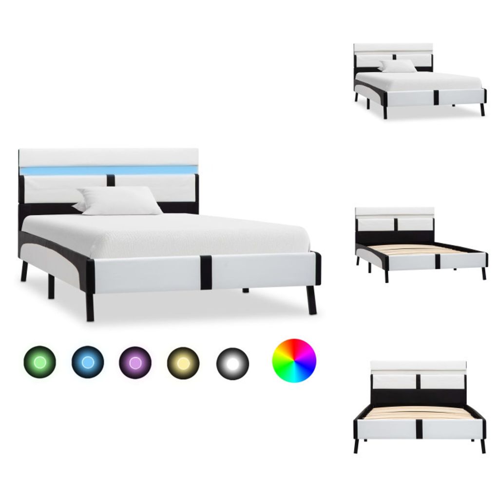 vidaXL Bettgestell mit LED Weiß und Schwarz Kunstleder 90×200 cm - Betten & Bettgestelle
