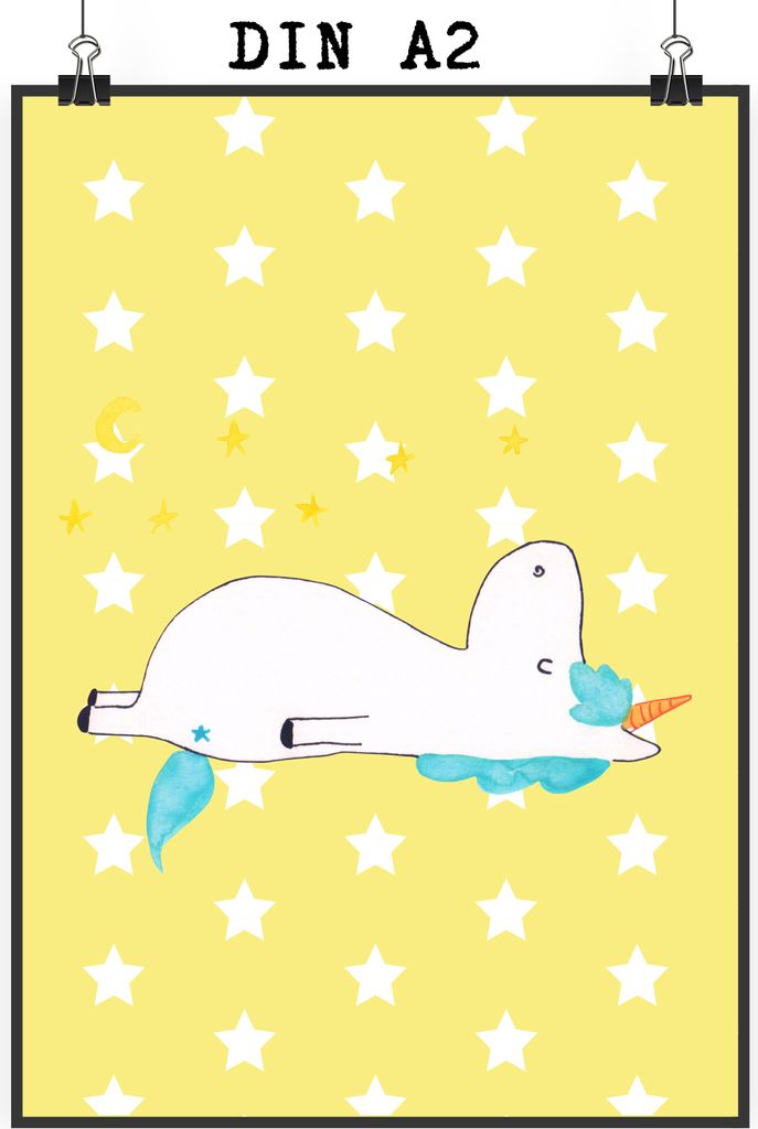 Mr. & Mrs. Panda Bild Einhorn Sternenhimmel DIN A2 - Gelb Pastell - Geschenk, Wandbild, Sterne, drucke, Plakat, Unicorn, Verrückt, wandkunst, wand...