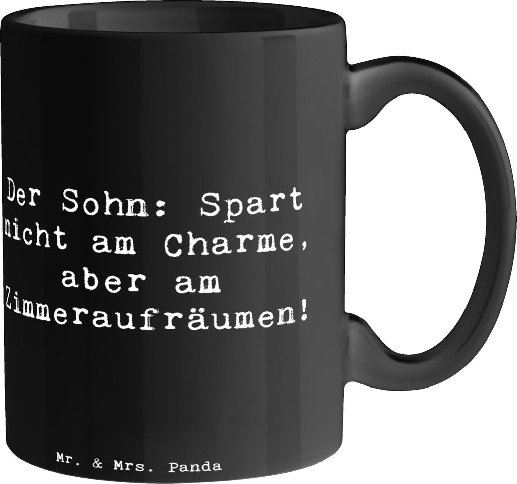 Mr. & Mrs. Panda Kaffeetasse Spruch Sohn Charme - Schwarz - Geschenk, Teenager, Zimmer aufräumen, Trinkbecher, Jubiläen, Unordnung, Liebe, Humor,...