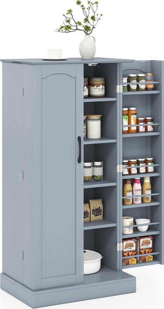 A gray pantry cabinet with its doors open, displaying various food items and containers on shelves.