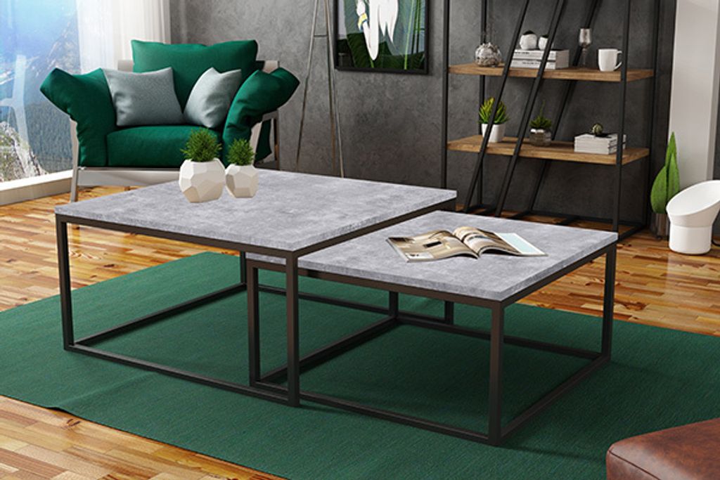 Quadratischer Couchtisch DAKAR 2in1 für Wohnzimmer mit Metallbeinen im Loft-Stil, 76cm / 66cm, Farbe: Leichtbeton / Schwarz