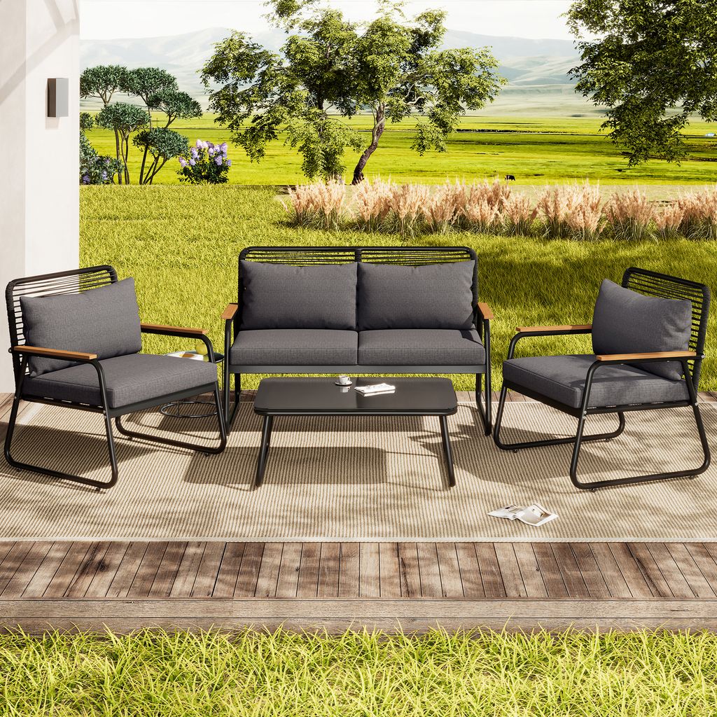 STILVORA Gartenlounge-Set mit 2 Sessel,Glastisch&Doppelsofa,Gartenmöbel Set mit verstellbare Beine,Balkonmöbel Set aus verzinktem Eisen,schwarz