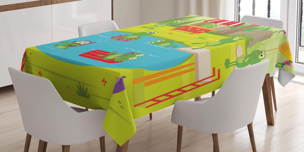 ABAKUHAUS Frösche Tischdecke, Wunderliche glückliche Kinder Cartoon Tiere, die Spaß am Pool-Party in Forest Drucken, 140 x 200 cm, Mehrfarbig