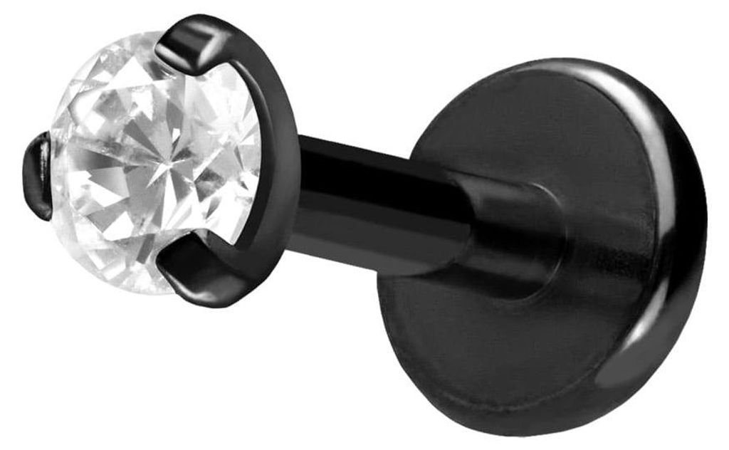 Ohrpiercing, Nasenpiercing Titan Labret mit Push Fit EINGEFASSTER KRISTALL Schwarz Stablänge: 6mm | Stabstärke: 1,2mm | Kristallgröße: 2,5mm