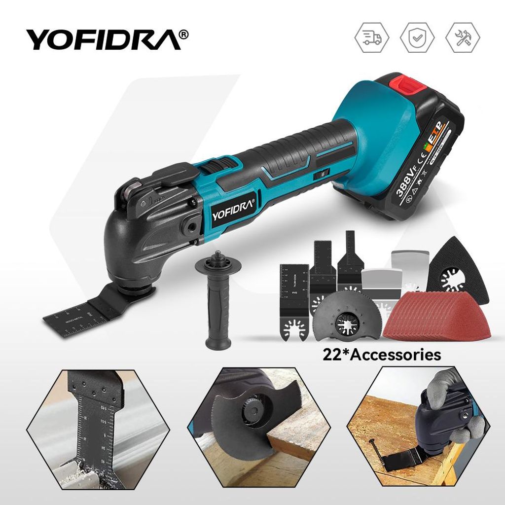 YOFIDRA Akku-Oszillationsmultitool, 6 Gänge, 18V, mit 2 Akkus, Ladegerät und 22-teiligem Zubehörset, Kompatibel mit Makita 18V Akku