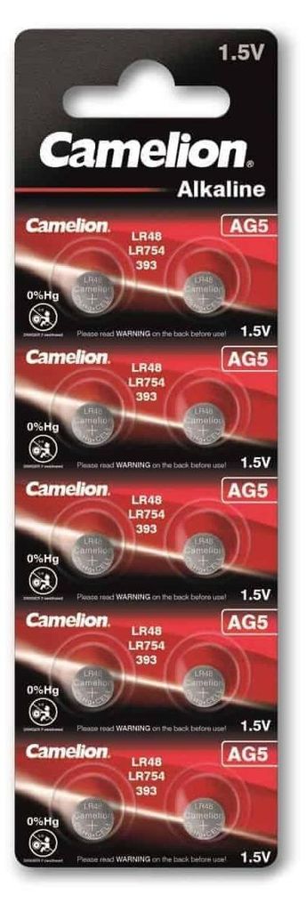 A blister pack of Camelion Alkaline button cell batteries.