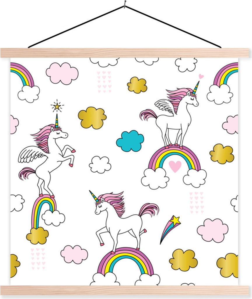 MuchoWow Textilposter Eine Illustration von Einhörnern auf Regenbögen - Mädchen - Kinder - Kinder 120x120 cm mit holzfarbenen Rahmen - Textil-...