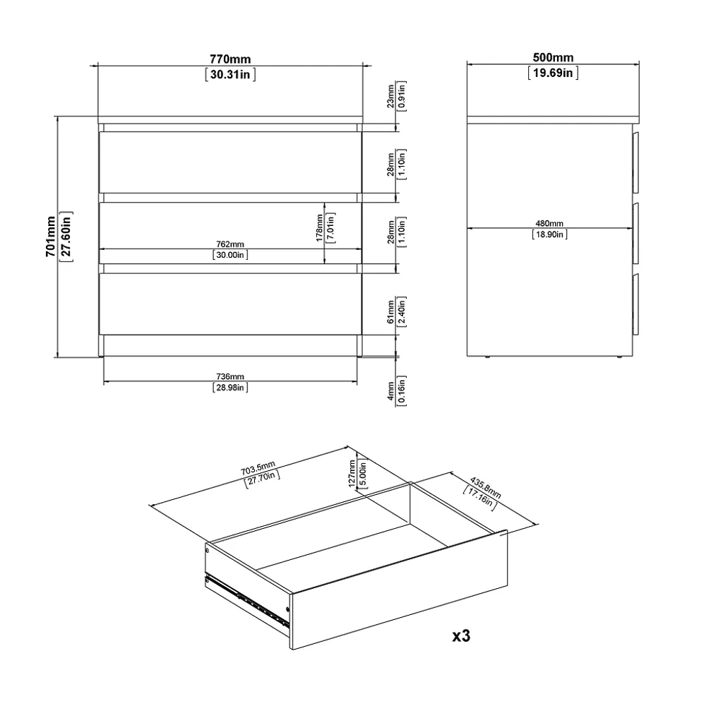 Commode basse Nada 3 tiroirs effet béton et blanc brillant pour salon - 8