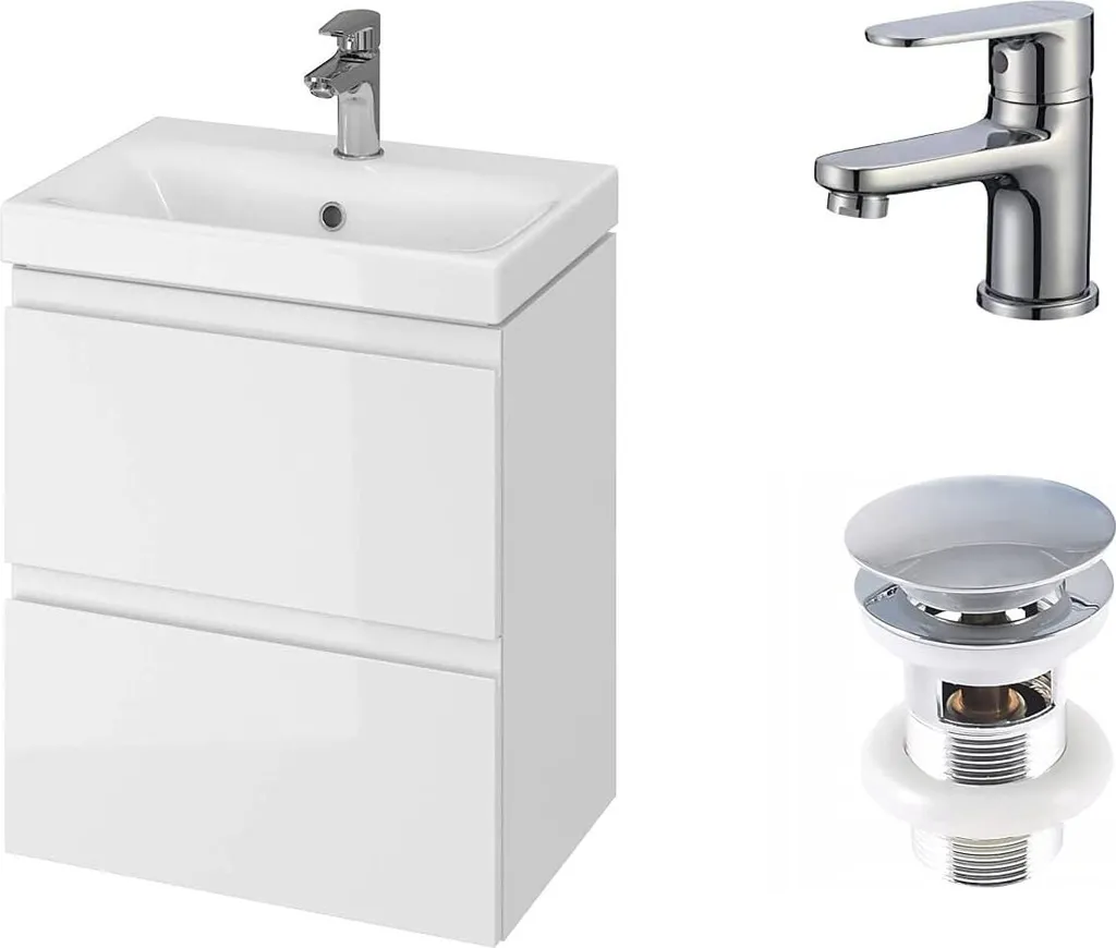 Meuble de Bain 50 cm Blanc Gain de Place avec Vasque et Bonde intégrée