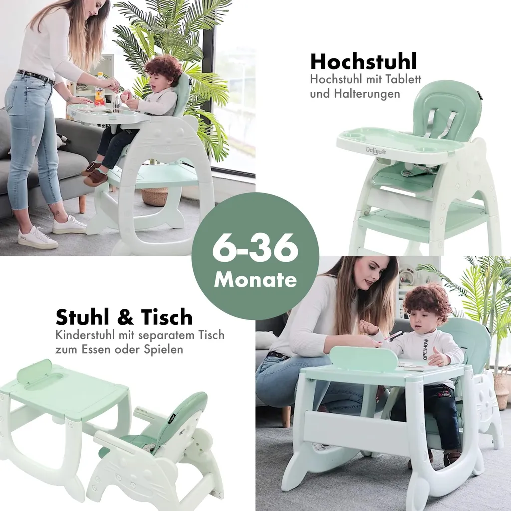 Chaise haute 4 en 1 harnais 5 points et tablette d'apprentissage - Vert