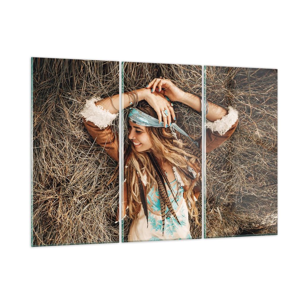 Bilder auf glas - 3 Teile - Hippie Frau Gras - 105x70cm - Glasbilder - Wandbilder - Bilder - zum Aufhängen bereit - Wanddekoration aus Glas - Glas...