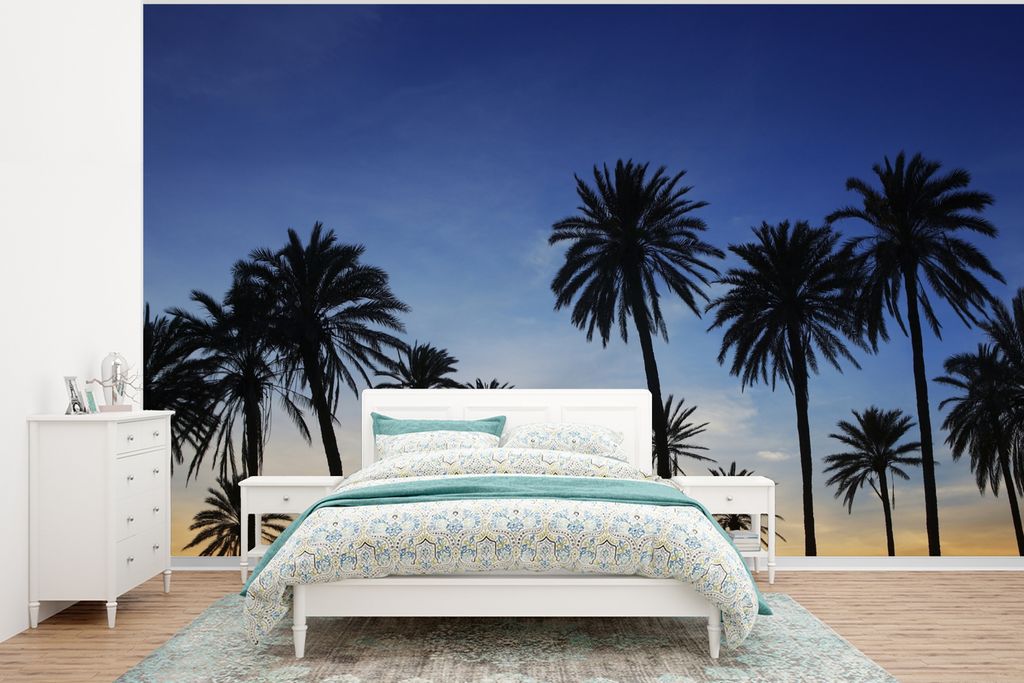 MuchoWow Fototapete für Wohnzimmer oder Schlafzimmer Wandtapete Vinyl Motivtapete Palme - Natur - Strand - Sonne - Nacht - 375x280 cm - Schlafzi...
