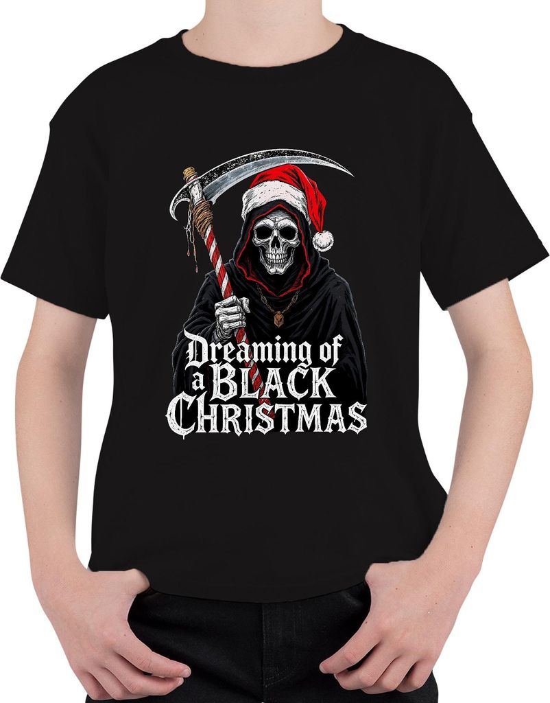 Dreaming of a Black Christmas Sensenmann Skelett düster Gothic Uni Kinder T-Shirt, Schwarz, 128