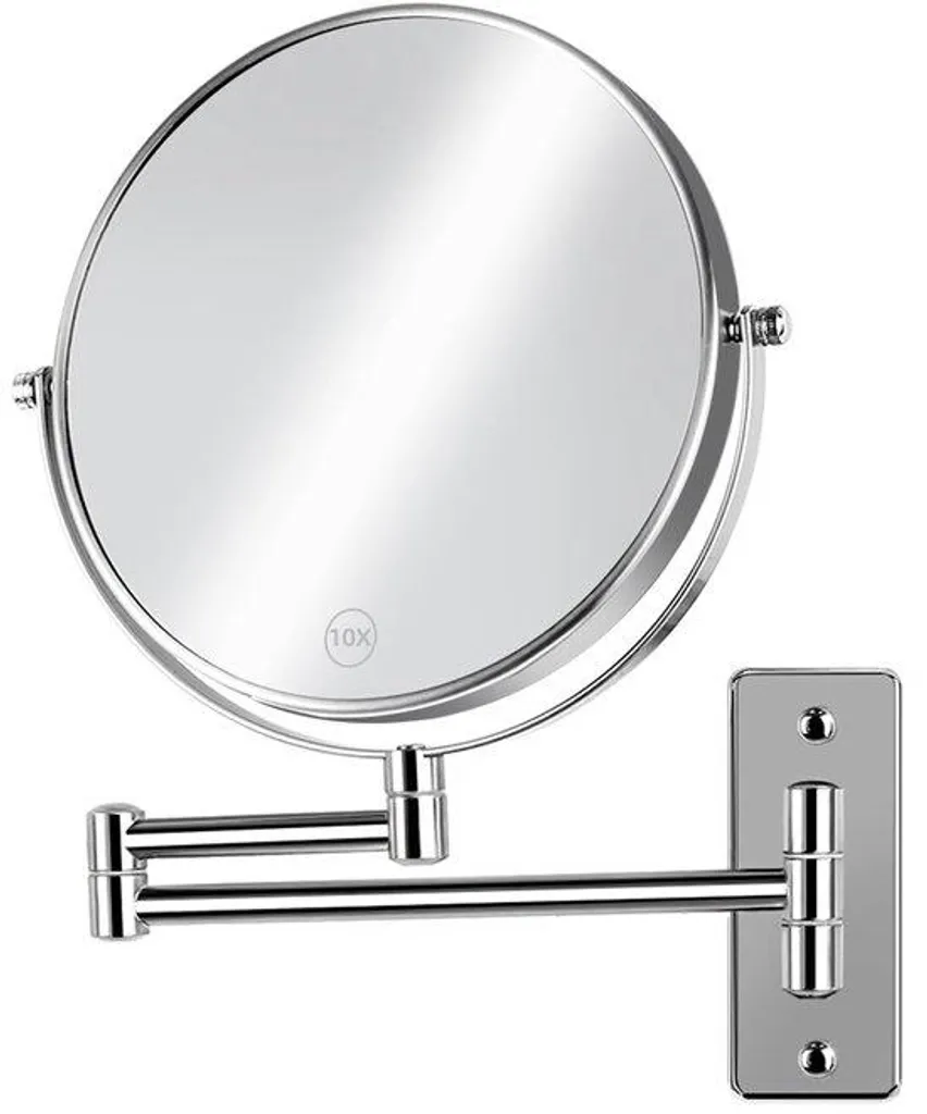 Miroir de maquillage mural rond en chrome avec zoom x10 et bras mobile
