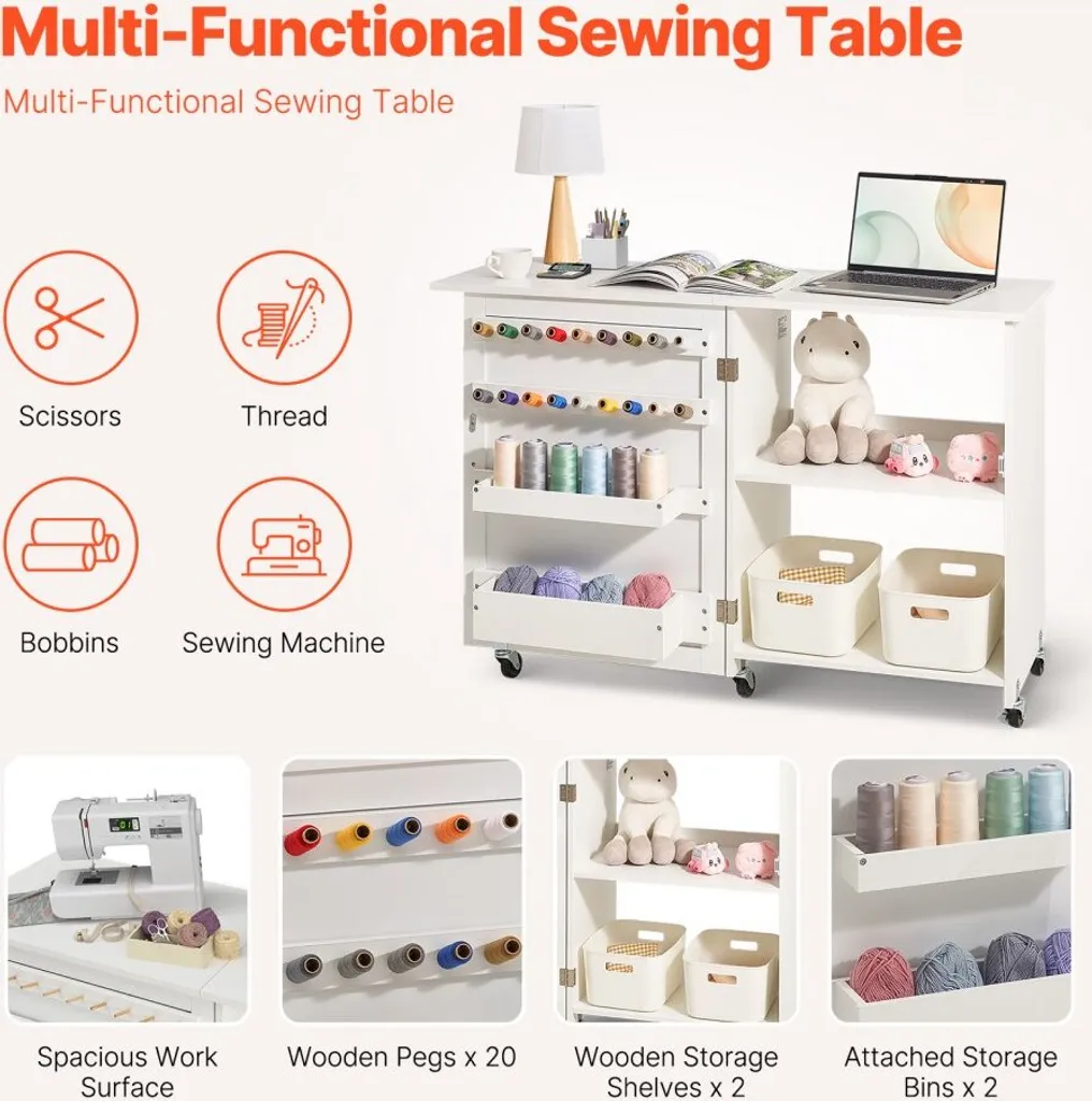 Table de couture blanche modulable sur roulettes avec rangements variés