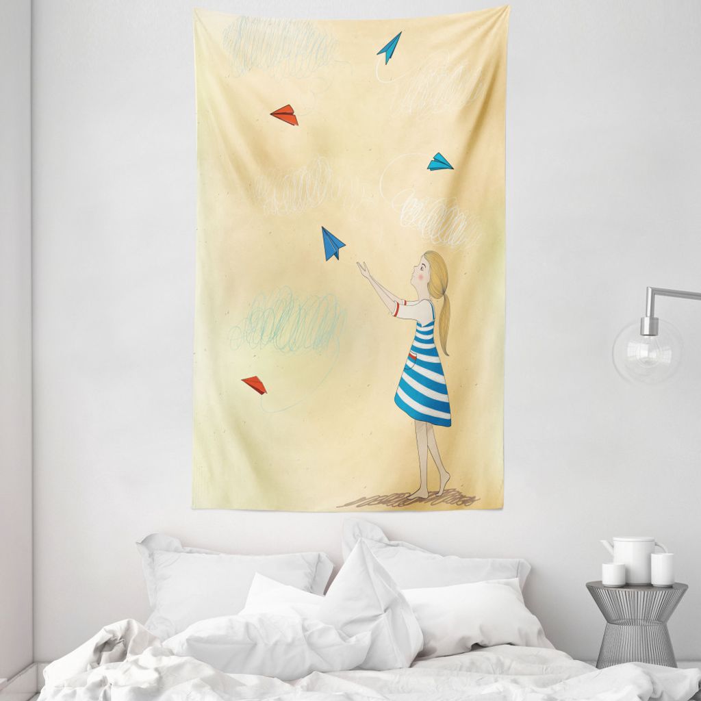 ABAKUHAUS Flugzeug Wandteppich und Tagesdecke, Mädchen mit Papierflugzeugen aus Weiches Mikrofaser Stoff Waschbar ohne Verblassen Digitaldruck, 14...