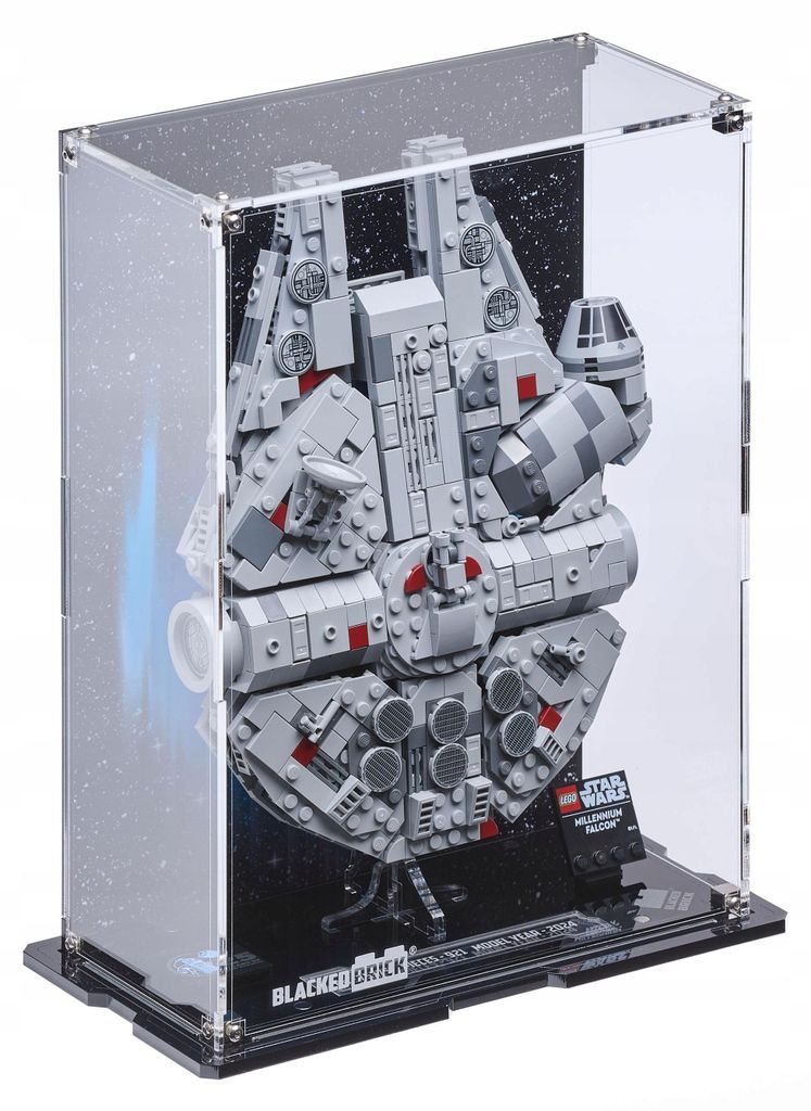 Zwarte displayvitrine met bedrukte achterwand voor LEGO® Productafbeelding 