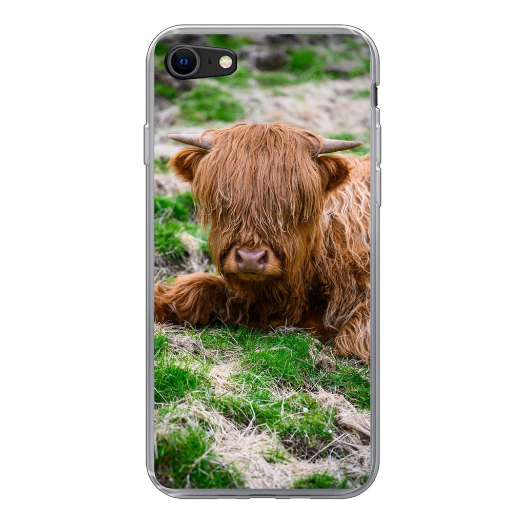 MuchoWow Handyhülle Schutzhülle Hülle für iPhone 8 Schottischer Highlander - Heu - Gras Silikon Softcase Handy Hülle - Schutzhaube