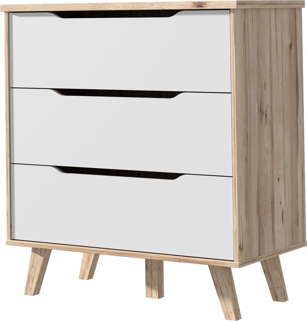 Schubkastenkommode >VANKKA< 3 Schubladen, in Planked Eiche Nachbildung ,weiß - 80x86,3x42cm (BxHxT)
