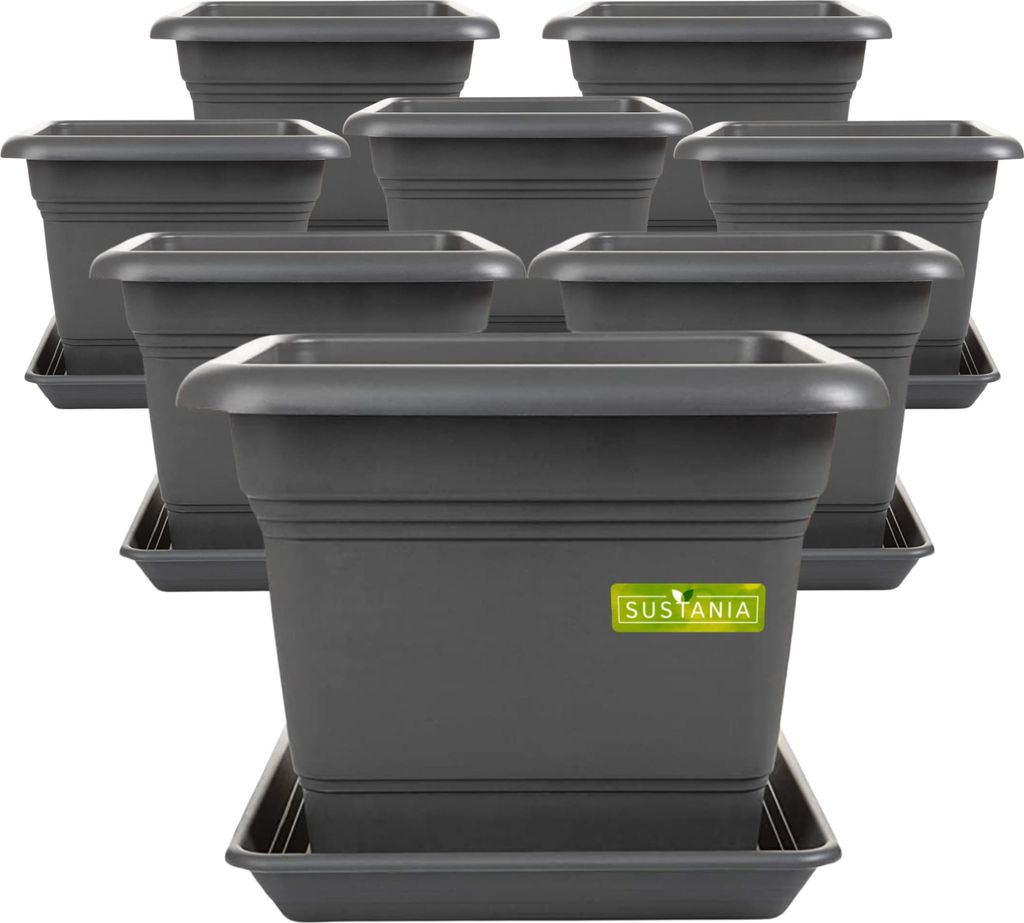 Eckiger Pflanzkübel anthrazit 8er Set mit Untersetzer, optimal für Tomaten und Balkon